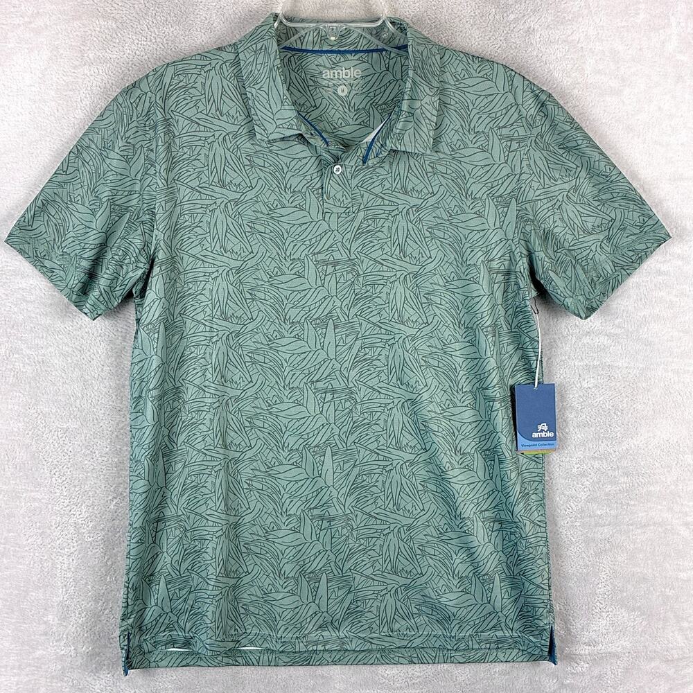 Amble Polo Shirt Men M Viewpoint Green Floral AOP Performance Preppy Golf Summer